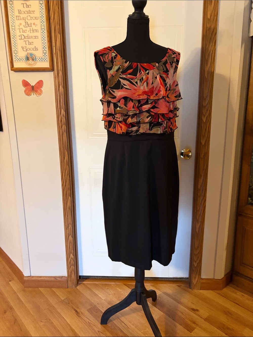 Connected Apparel Black Skirt Dress with Coral Floral Ruffle Bodice